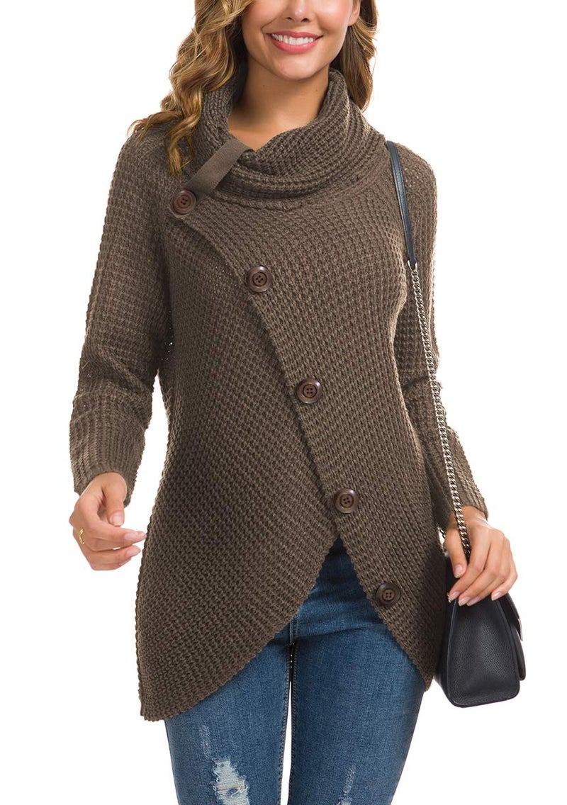 GRECERELLE Women's Fall Chunky Turtleneck Long Sleeve Asymmetric Hem Loose Knit Pullover Sweaters Tops, Dark Khaki, S - Image 2